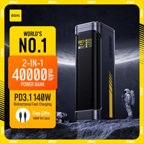 AOHI Starship 40,000mAh Power Bank 140W PD3.1 Laptop Power Bank with C-C Cable Fast Charging Station for iPhone MacBook Laptop